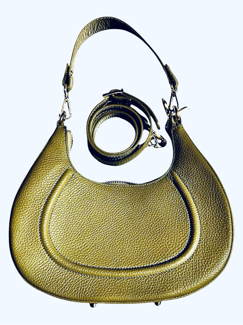 LA VIA Firenze Olive Green Pebbled Leather Crescent Crossbody Bag